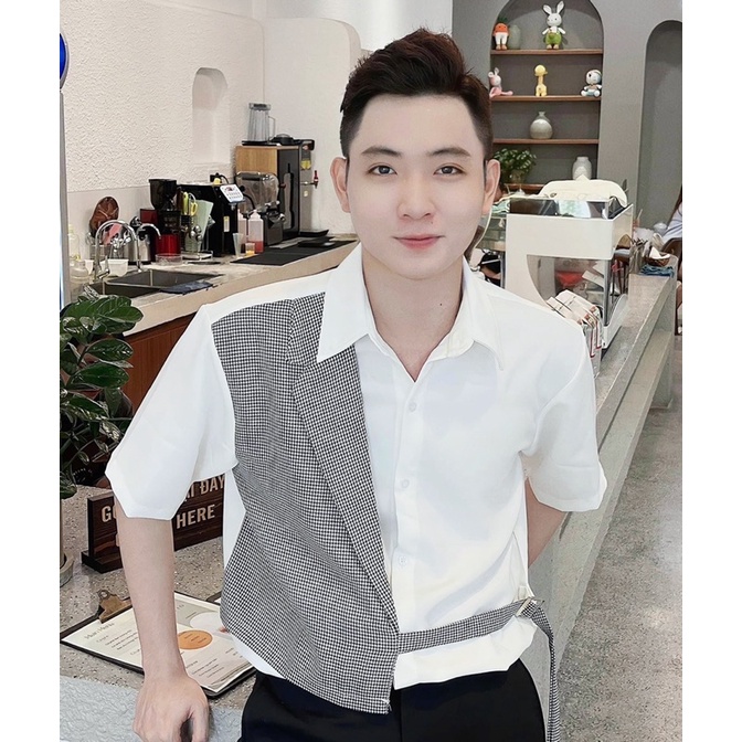 Áo Sơ Mi Tay Ngắn Nam Trắng/Đen Phối Vest Đen Premium Unisex Chất Vải Dày Đẹp Mr Smile 99 Shop