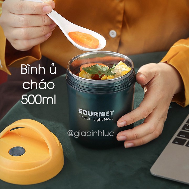 Bình ủ cháo GOURMET 500ml kèm muỗng, Hộp đựng thức ăn cho bé, đựng cơm văn phòng 2 lớp siêu tiên lợi