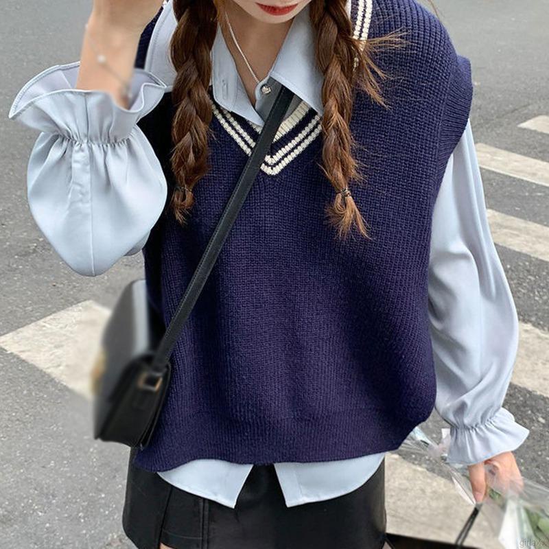 Áo sweater cổ chữ V sát nách trẻ trung cho nữ