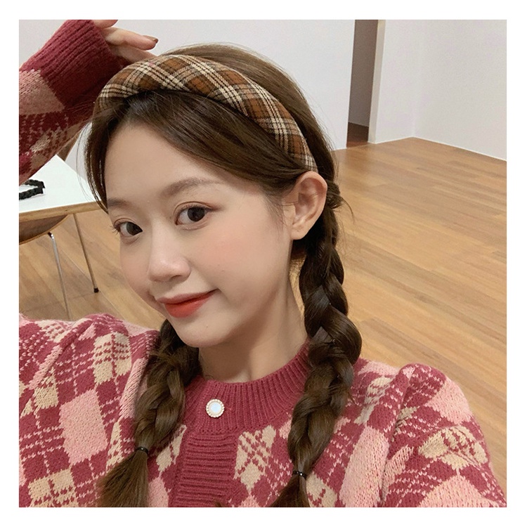 Băng đô cài tóc bản rộng họa tiết kẻ sọc caro phong cách thời trang cổ điển cho nữ