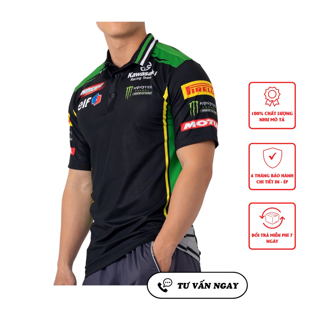 ÁO THUN THỂ THAO CÓ CỔ IN TEM XE MẪU KAWASAKI