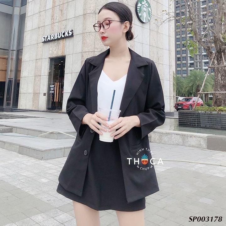 Set vest nữ - Áo blazer phối chân váy lưng thun đen trơn THOCA HOUSE freesize dưới 56kg phù hợp đi học, đi làm