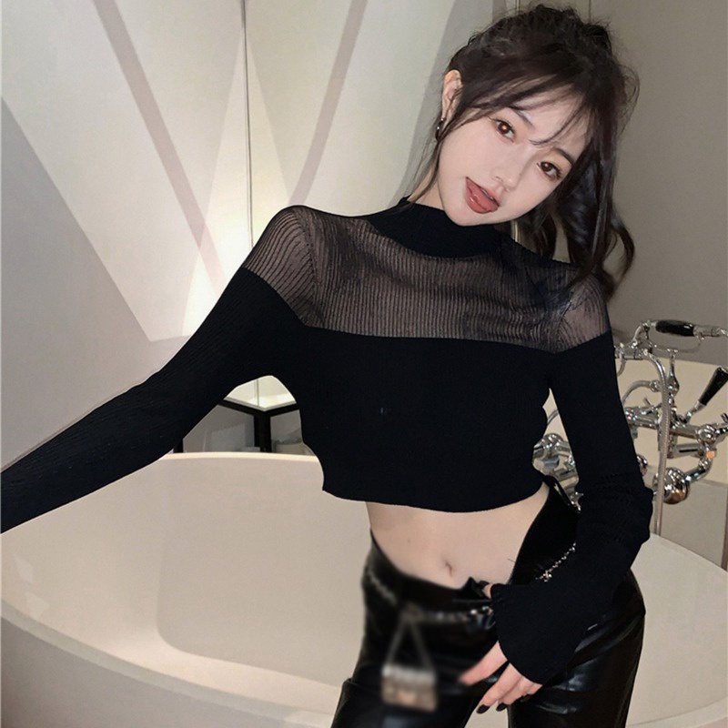 Áo Croptop Tay Dài Cổ Lọ Thiết Kế Quyến Rũ Cho Phái Nữ