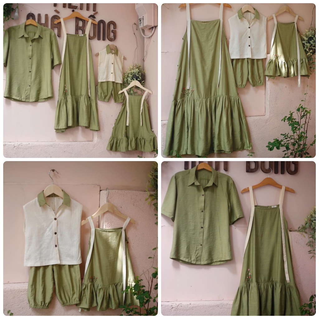 Set đồ gia đình matcha đũi dệt sợi bông - váy mẹ và bé (+sơ mi bố + set bé trai)- hình thật