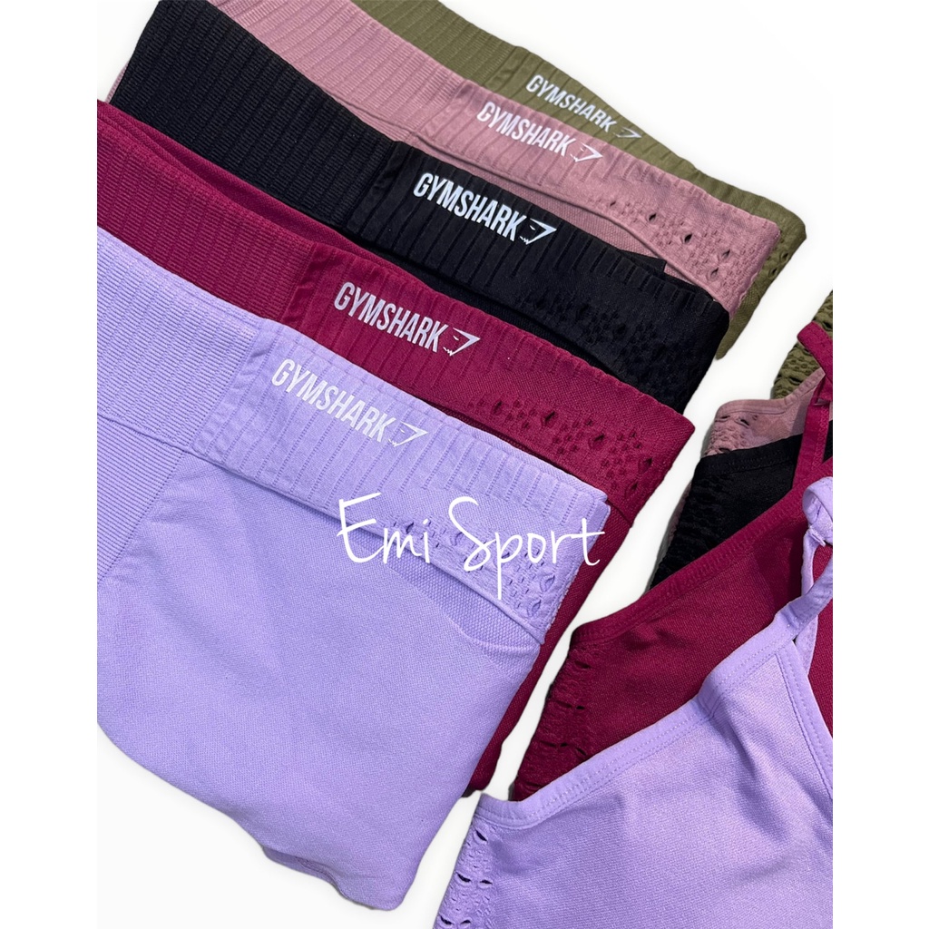 Bộ đồ tập GYM SHRK. Áo sport bra dây + quần lưng cao. Logo in