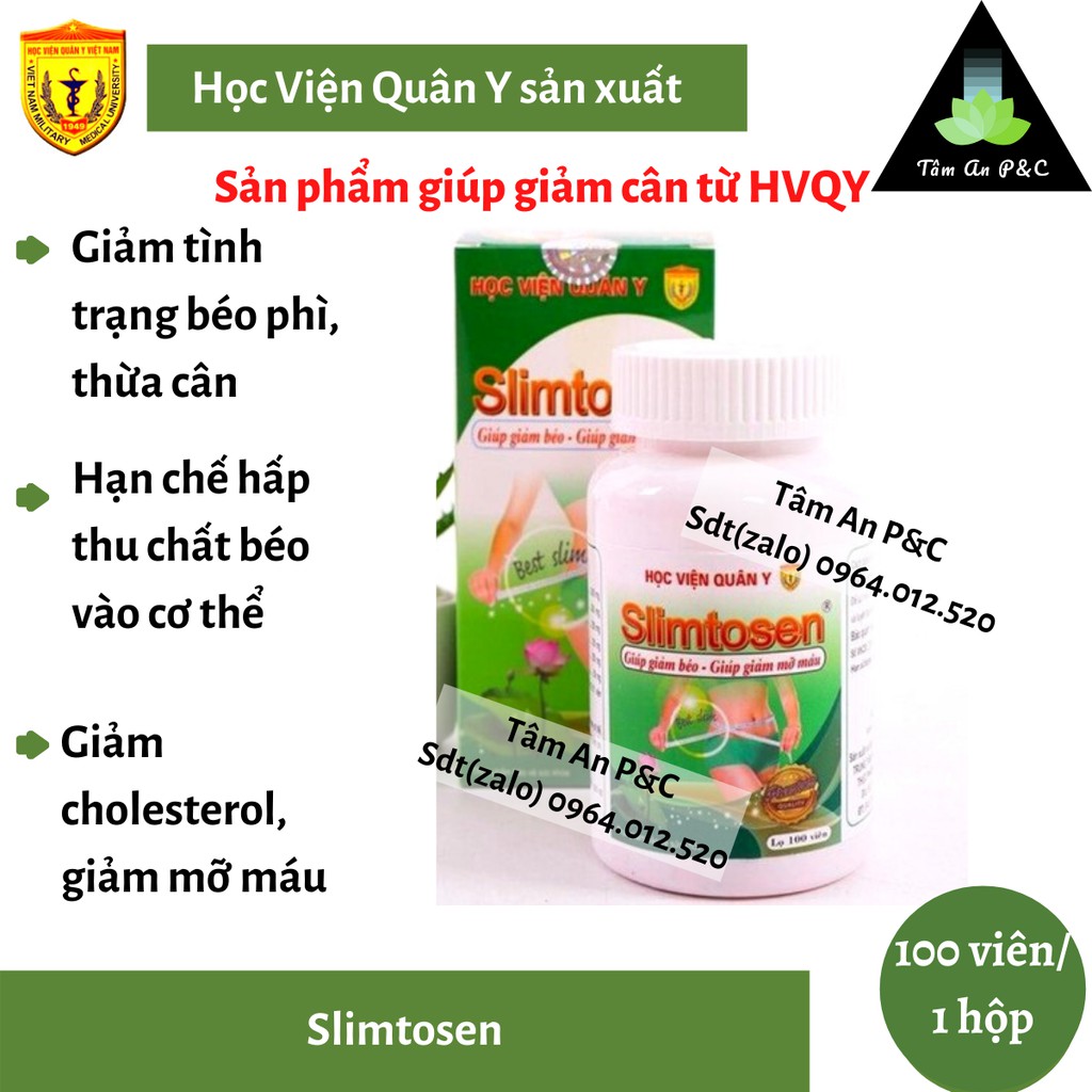 Viên nang giảm cân an toàn Slimtosen Học Viện Quân Y(hộp 100) viên-Giảm cân, hạ mỡ máu, giảm cholesterol-CHÍNH HÃNG HVQY