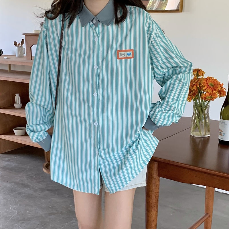 Áo Sơ Mi Tay Dài Dáng Rộng Kẻ Sọc Dọc Trẻ Trung Phong Cách Hàn Quốc Cho Bạn Gái