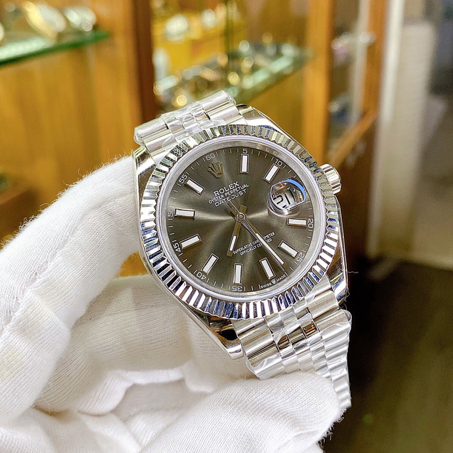 Đồng hồ Nam Rolex máy nhật mẫu classic mặt đen xám viền trắng dây kim loại dòng cơ Automatic size 36mm-40mm