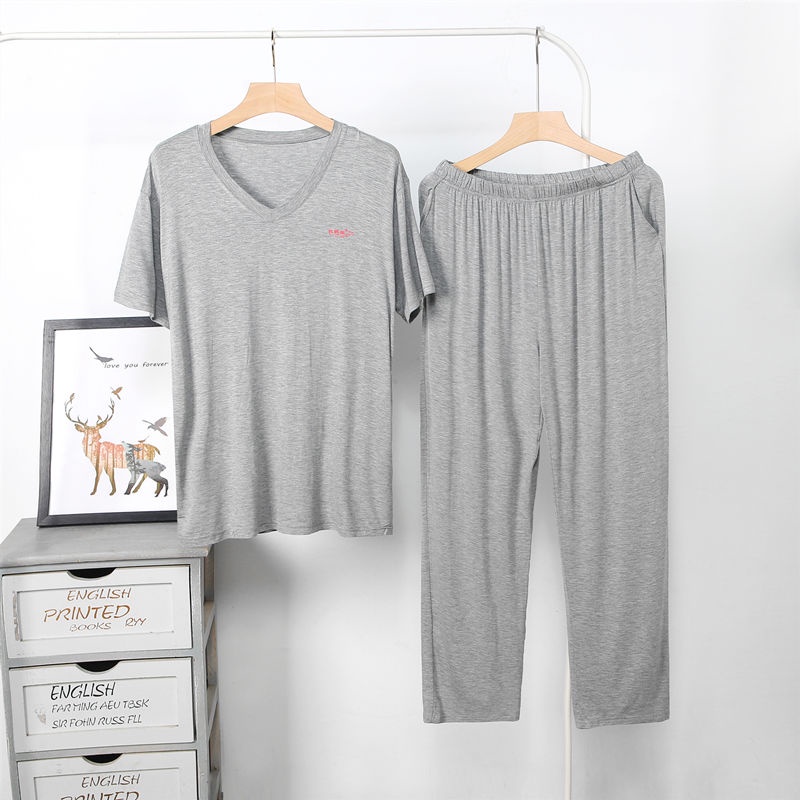 Bộ đồ ngủ nam modal mỏng phù hợp với quần tây ngắn tay cổ chữ V cộng với kích thước quần dài bình thường nửa tay điều hò