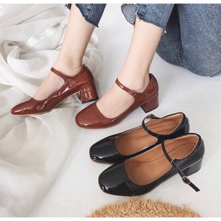 [sẵn đỏ 36] Giày búp bê quai ngang da bóng gót cao 5cm