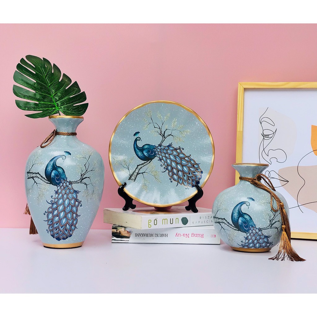 Bộ Lọ Decor 3 Món Bình Hút Lộc Trang Trí Tặng Kèm Kệ Đĩa Dây Buộc