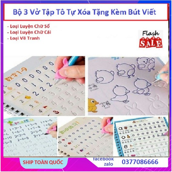 Bộ 3 Vở Tập Tô Tự Xóa, Tặng Kèm Bút Viết Vở Luyện Số Vở Luyện Chữ Cái Với Vẽ Tranh