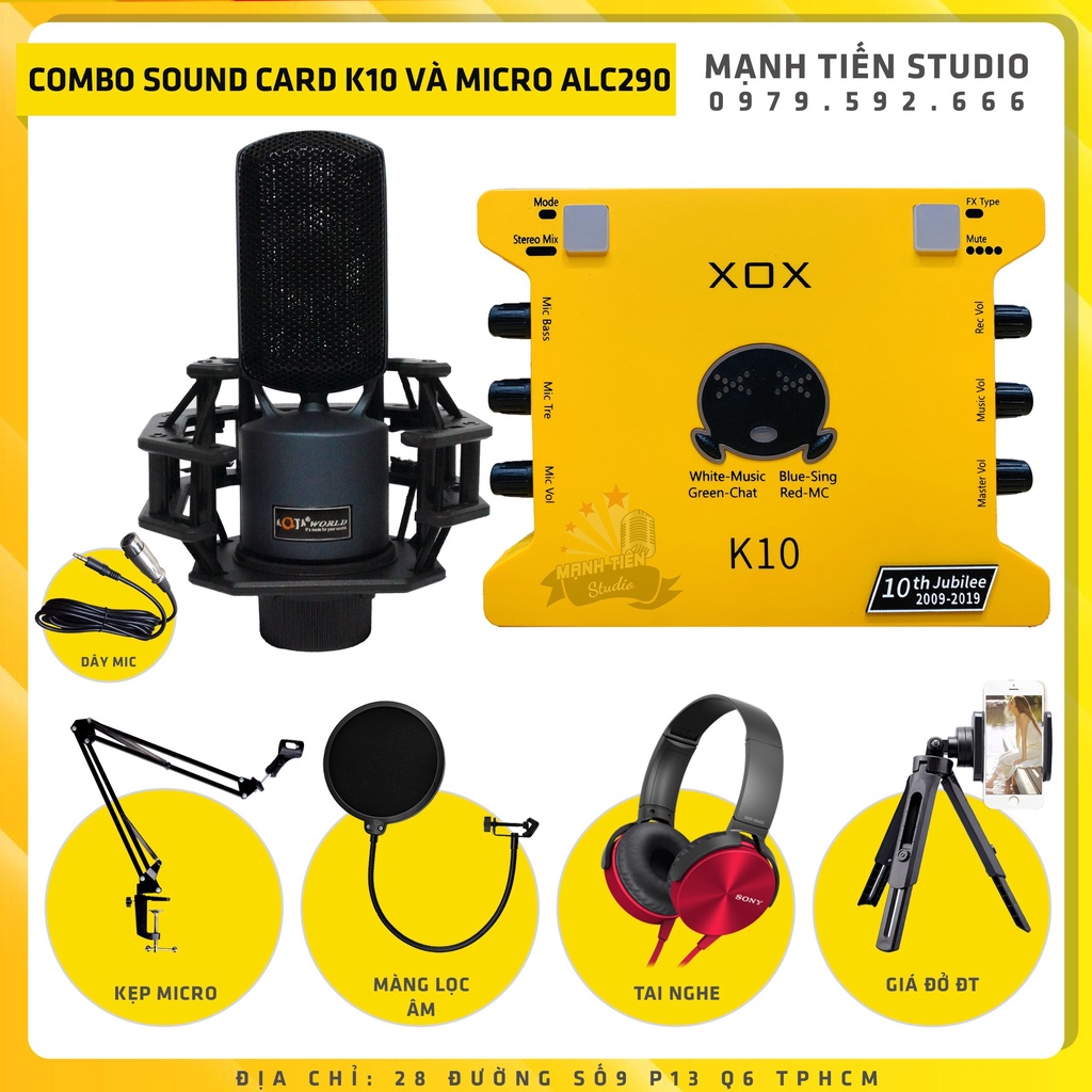 Combo thu âm livestream karaoke soundcard K10 + Micro ALC290 tặng full phụ kiện kẹp micro màng lọc tai nghe giá đỡ đt