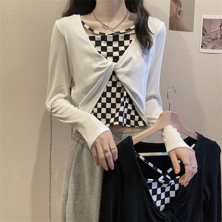 【ZHELIHANGFEI】 Áo Dệt Kim Tay Dài Giả Hai Lớp Dáng Ngắn