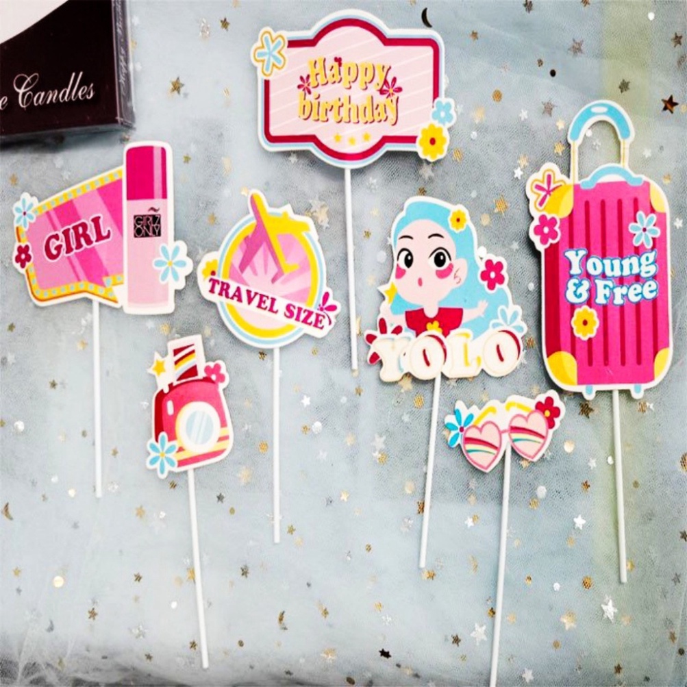 trang trí bánh kem [FREESHIP❤️] set cắm giấy bé trai bé gái du lịch