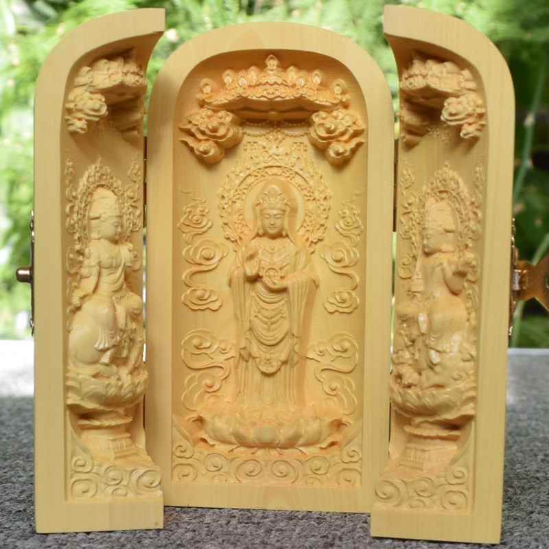 ✷Đồ thủ công bằng gỗ, đồ chạm khắc bằng gỗ hoàng dương, bàn thờ Phật bằng gỗ, ba hộp mở, tay cầm Nam Hải Quan Âm, đồ trang trí, quà tặng doanh nghiệp