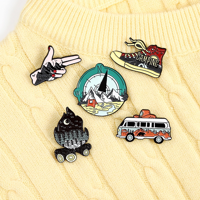 Wild adventure Enamel Pins Go Hiking OutdoorsShoe Bonfire Compass Brooches Badges Fashion Jewelry Gifts Wholesale