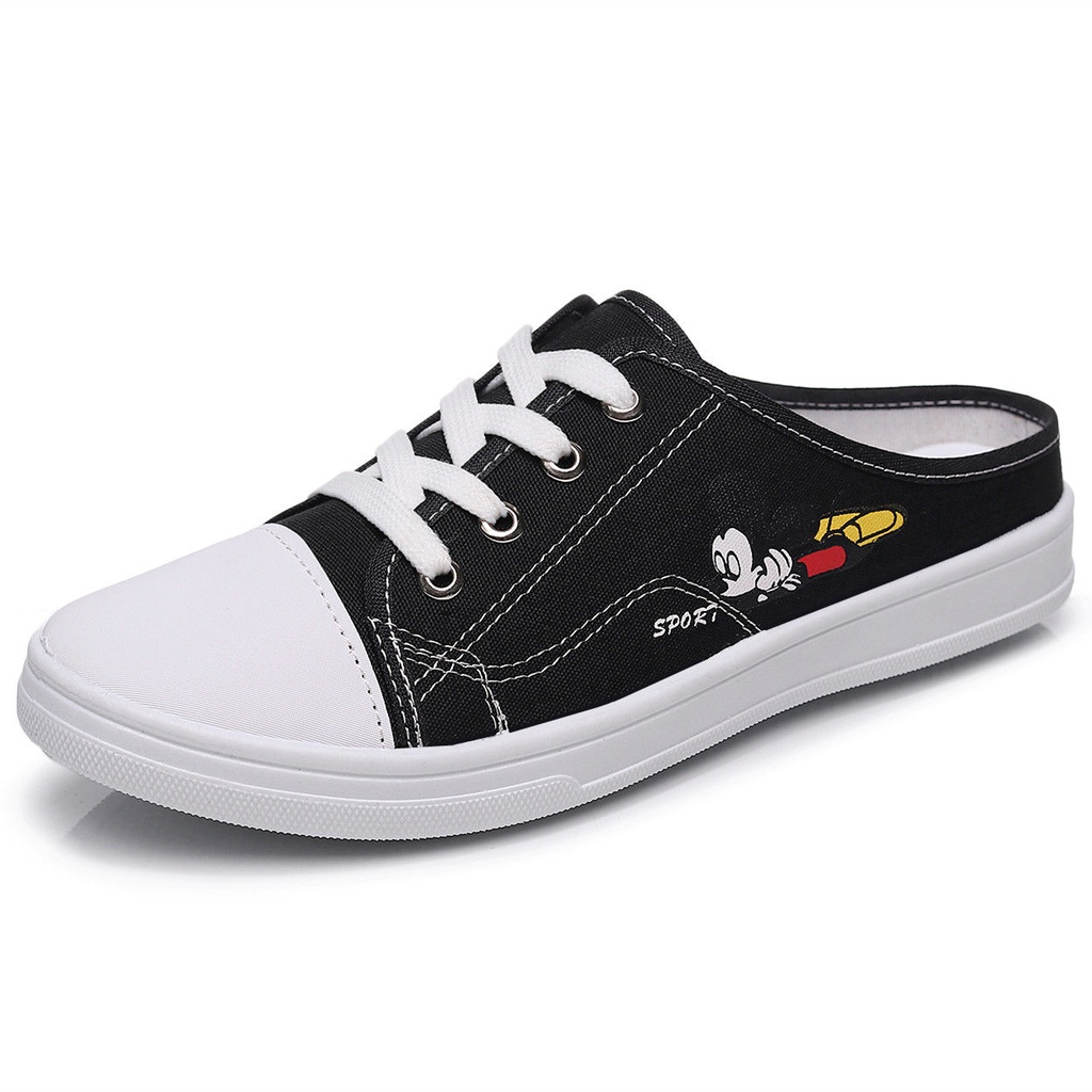Giày lười bằng vải canvas họa tiết gấu nhỏ dễ thương thoáng khí thoải mái cho nữ d302