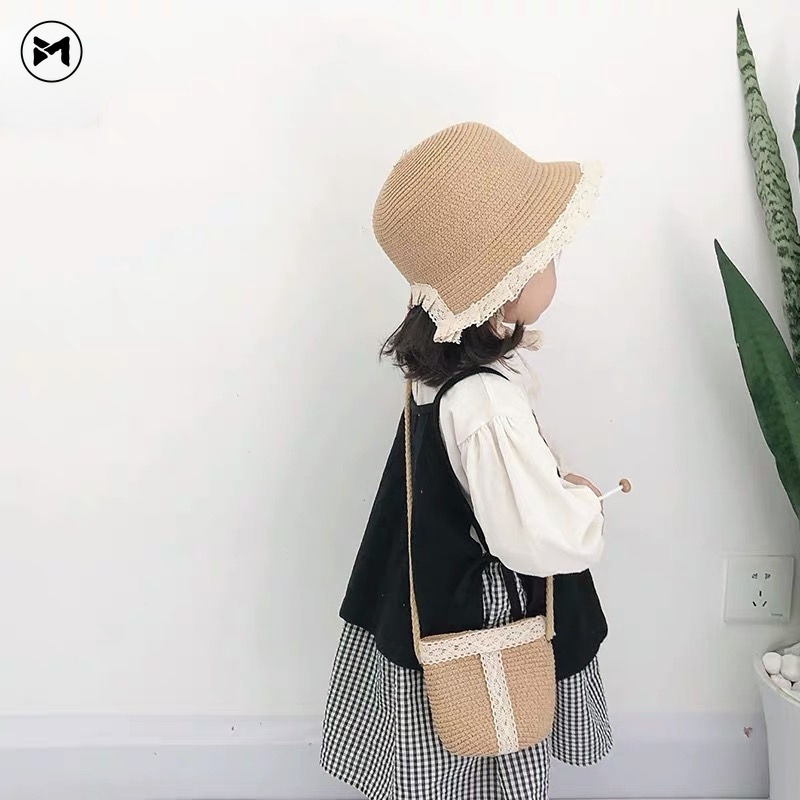 Set Túi Xách Và Nón Cói Thời Trang Đi Biển Xinh Xắn Dành Cho Bé Gái
