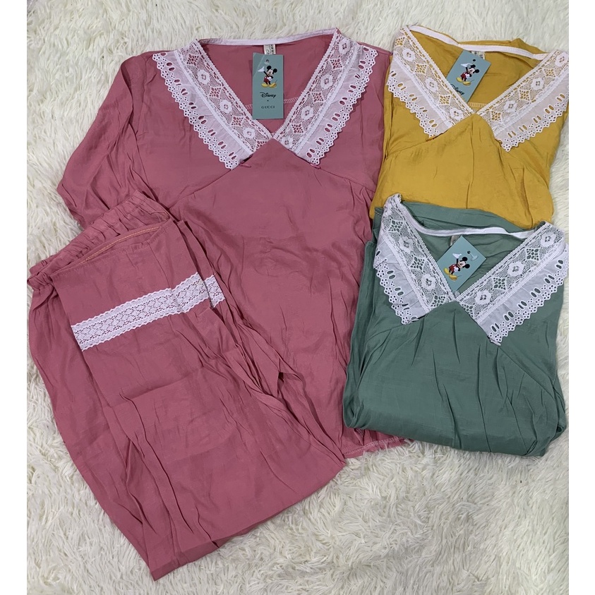 Bộ đồ bầu mặc nhà chất đũi cổ ren tiểu thư siêu xinh có khóa cho con ti thuận tiện BD906