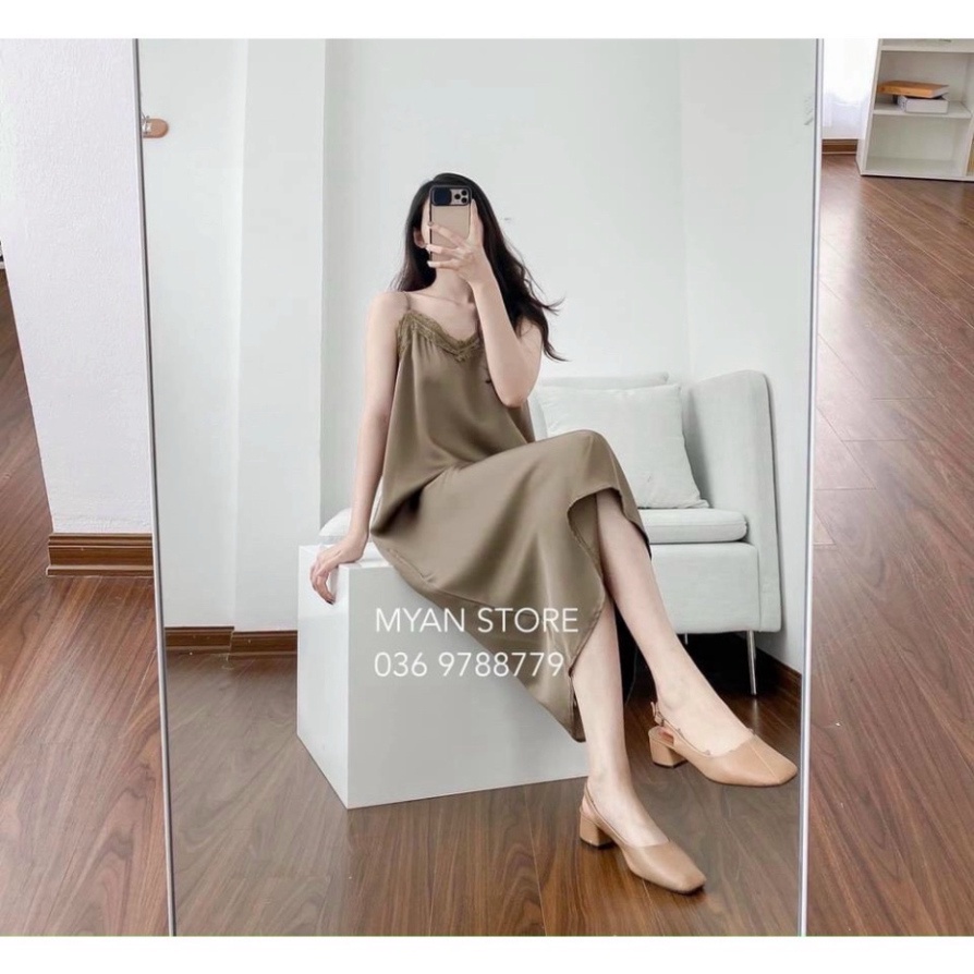 Váy Lụa 2 Dây suông phối ren siêu mát, đầm mặc ở nhà dài - Sỉ N