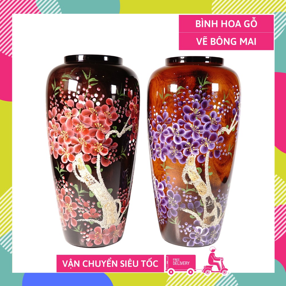 Bình hoa gỗ lớn vẽ cành hoa mai đào mỹ nghệ cao cấp - Cao 30cm