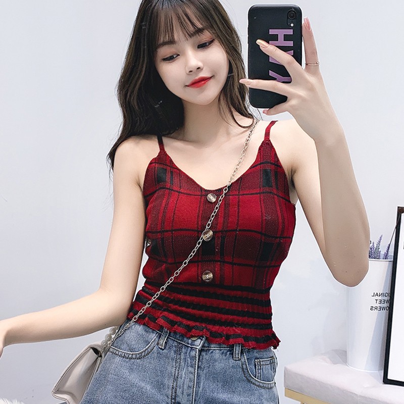 Áo Hai Dây Cổ Chữ V Họa Tiết Kẻ Ca Rô Gợi Cảm