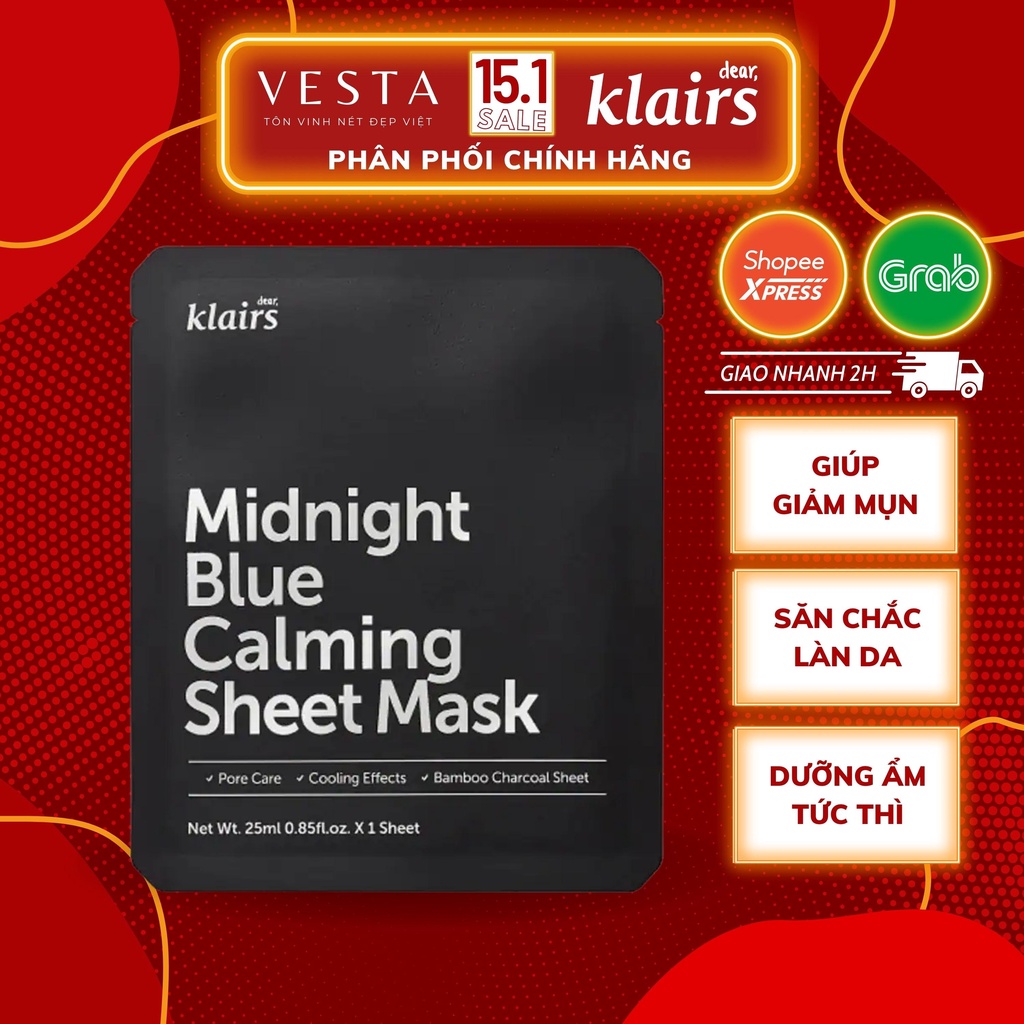 Mặt Nạ Dear Klairs Midnight Blue Calming Sheet Mask 25ml Làm Dịu Phục Hồi Da