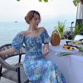 VÁY ĐẦM MAXI CỔ VUÔNG THẮT DÂY XANH TRẮNG