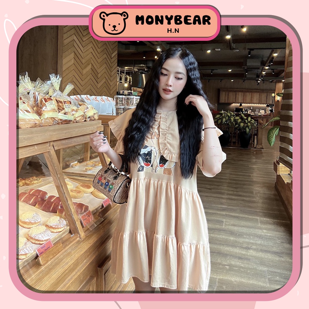 Váy Babydoll Cổ Lá In Hình Sóc Đáng Yêu, Váy Xinh Xắn Bánh Bèo - HN250