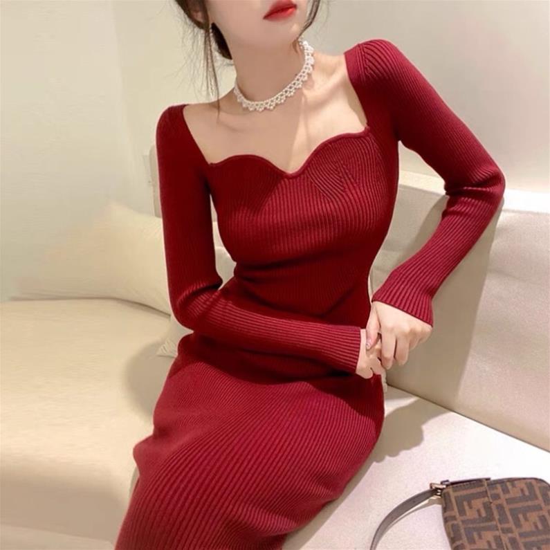 Váy Len Body Cổ vuông Mẫu Mới 2021 Nữ Hàng Quảng Châu loại đẹp | BigBuy360 - bigbuy360.vn