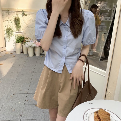 Áo Sơ Mi Tay Ngắn Dáng Ôm Phối Dây Buộc Thời Trang Mùa Hè Phong Cách Pháp Mới Cho Nữ