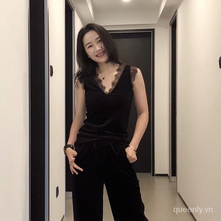 Áo hai dây vải nhung phối ren dáng ôm hở lưng thời trang mùa thu cho nữ 2021 | BigBuy360 - bigbuy360.vn