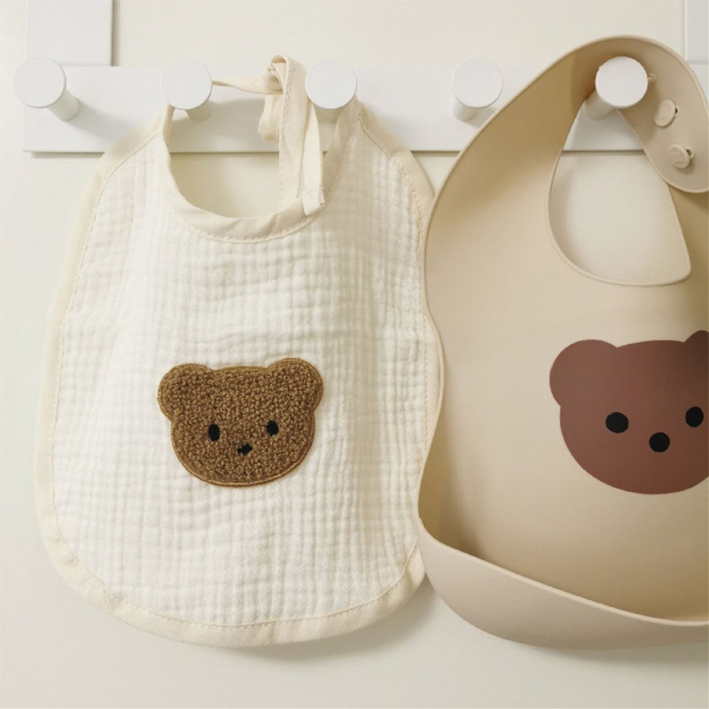 Yếm Ăn Vải Cotton Sữa Chống Té Ngã Hình Gấu Mini Thời Trang Cho Bé