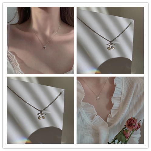 Vòng cổ Bạc Mặt Quả Cherry Đính Ngọc Trai Đơn Giản Phong Cách Hàn Quốc