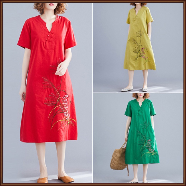 Đầm Cotton Lanh Ngắn Tay Cổ Chữ V Thêu Họa Tiết Dân Tộc Thời Trang Cho Nữ