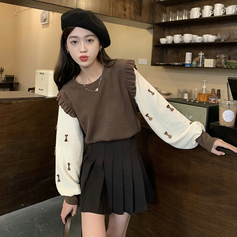 Porozi  Áo sweater dệt kim cổ tròn tay phồng dài phong cách Hàn Quốc xinh xắn cho nữ