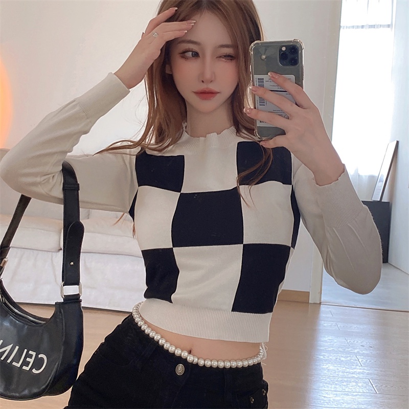 Áo Dệt Kim Tay Dài Dáng Ngắn Họa Tiết Sọc Caro Phong Cách Retro