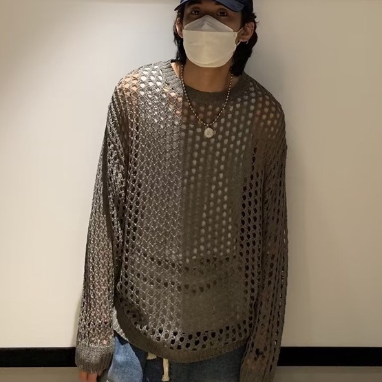 Áo Thun Dệt Kim Lưới Xuyên Thấu Cao Cấp Thời Trang Mùa Thu Đường Phố Ngoài Trời Cho Nam Niche De