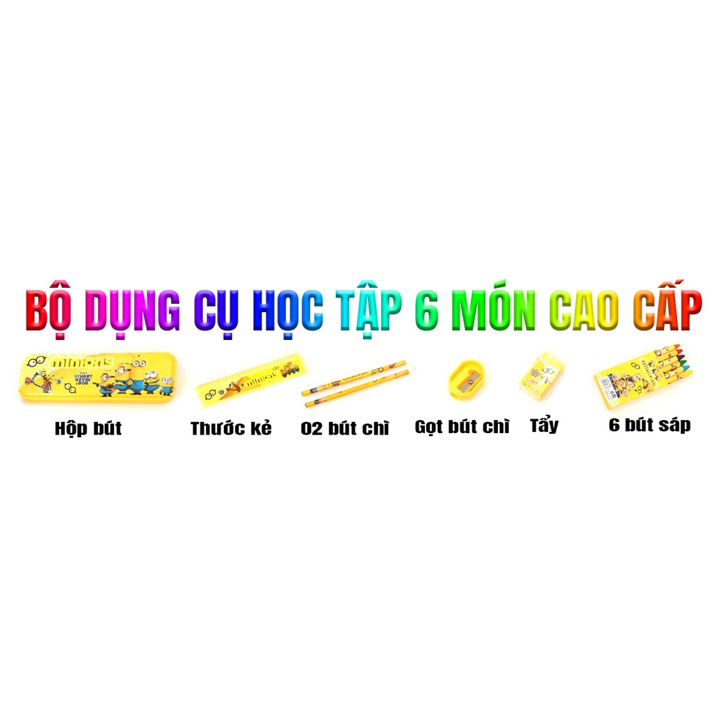 BỘ DỤNG CỤ HỌC TẬP 7 MÓN KÈM HỘP QUÀ bao gồm hộp bút, tẩy (gôm), đầu chuốt (gọt), bút chì, thước kẻ, màu sáp là món quà