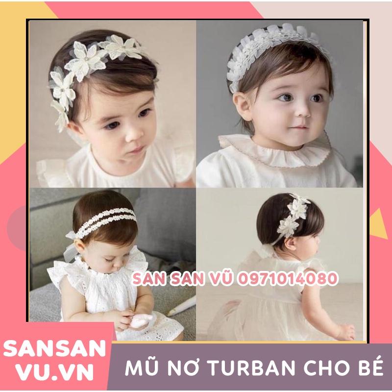 Băng Đô - Turban Ren Trắng Hoa Hàn Quốc Cho Bé sơ sinh từ 0 tháng đến 2 tuổi phong cách Hàn , đầy thá