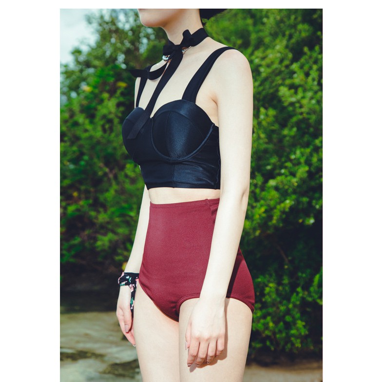 Có sẵn Bikini đồ bơi nữ cup ngực eo cao che bụng đen nâu