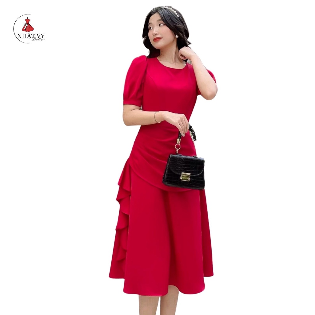 Đầm Nữ NHẬT VY Cổ Tròn Tay Ngắn Nhún Bèo Bên Eo Chất Kaki Thun Đi Tiệc Dáng Xòe Màu Đen, Đỏ, Nude - D2191