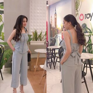 Sét bộ áo 2 dây thắt nơ lưng quần suông ống rộng siu chất