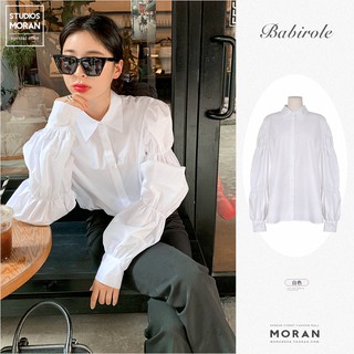 (ORDER) Áo sơ mi nữ dài tay màu trắng MORAN cổ bẻ tay phồng bo viền style retro kiểu Pháp sang trọng