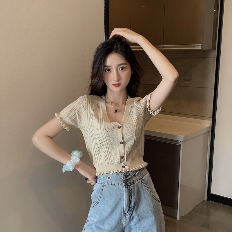 SUXI Áo Croptop Dệt Kim Tay Ngắn Thiết Kế Cổ Chữ V Thanh Lịch