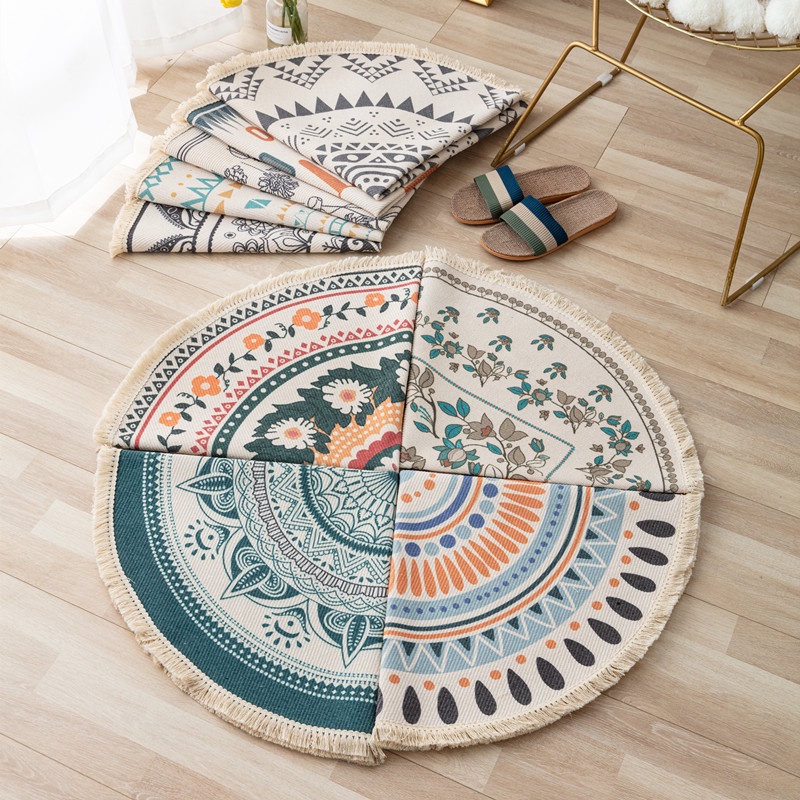 ( 1mét 2) Thảm tròn thổ cẩm trải sàn họa tiết hoa lá, phong cách Vintage, hàng cao cấp vải dày đẹp