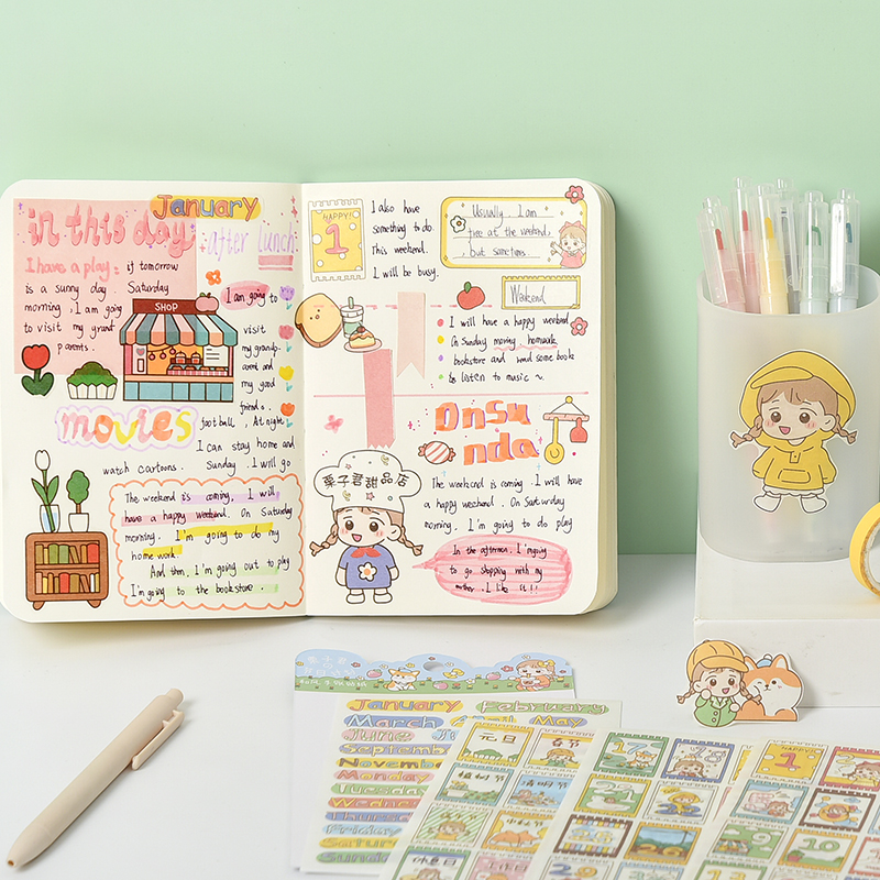 4 tờ nhãn dán trang trí tạp chí/ nhật ký với họa tiết hoạt hình đáng yêu (chưa cắt)