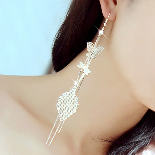 Bông tai dài đính đá họa tiết bướm/lá/chuồn chuồn sang trọng dành cho nữ