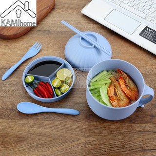 Bộ bát ăn văn phòng gồm Bát quai, Bát 3 ngăn, Bát nông, Đũa Thìa Dĩa chất liệu Nhựa rơm lúa mạch
